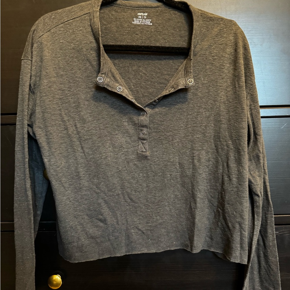 Aerie Charcoal Cropped Henley Shirt